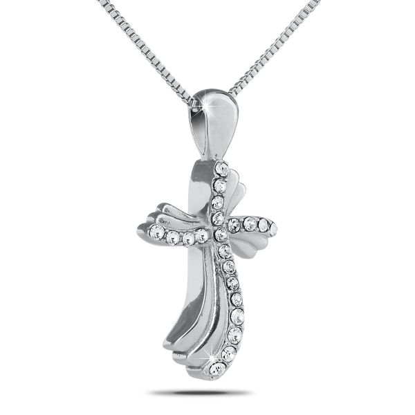 White Stones Cross Steel Pendant